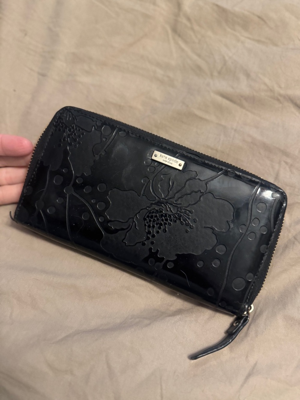 kate spade Black Embossed Floral Patent Zip Around Wallet